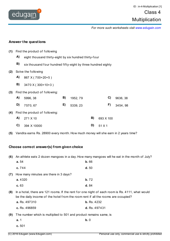 grade 4 multiplication math practice questions tests worksheets quizzes assignments edugain