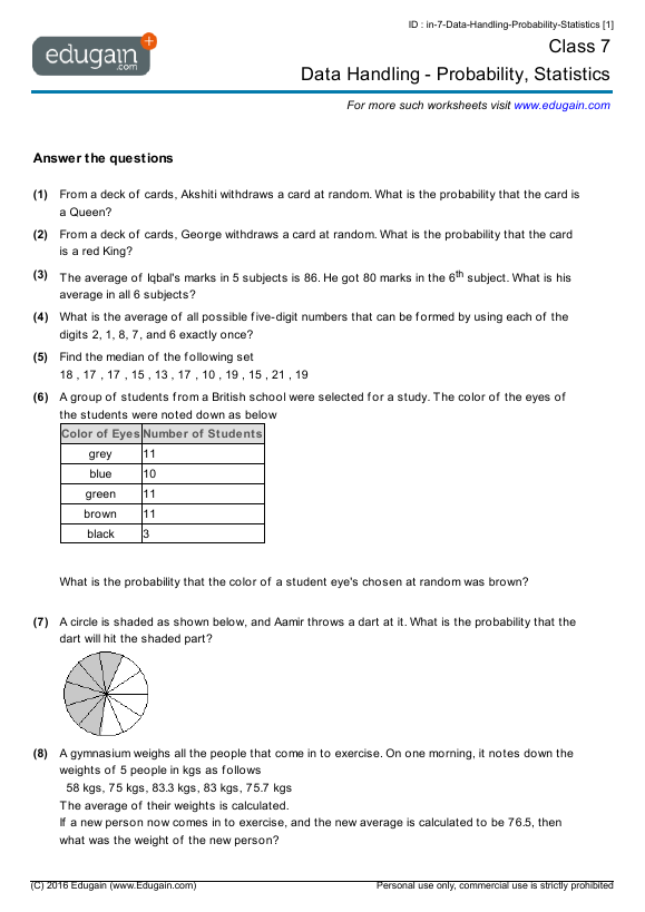 grade 7 data handling probability statistics math practice questions tests worksheets quizzes assignments edugain