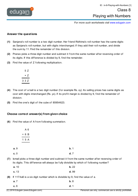 grade 8 playing with numbers math practice questions tests worksheets quizzes assignments edugain