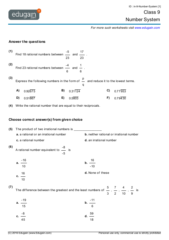 grade 9 number system math practice questions tests worksheets quizzes assignments edugain